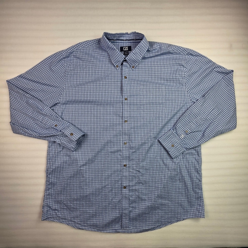 Cutter & Buck Mens XXL Blue White Check Egyptian Cotton Button Down Shirt